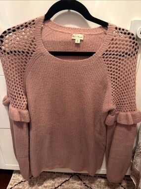 Dusty Rose Open-Knit Shoulder Ruffle Sweater